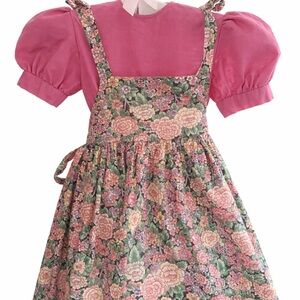 Pink Puff Sleeve Top with Floral Pinafore Dress for Kids